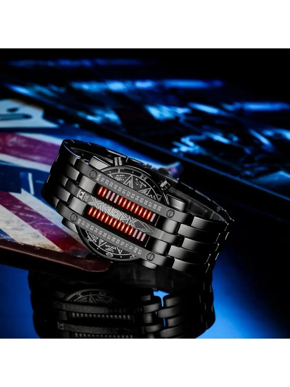 Mens Black Red Analog Quartz Bracelet Waterproof Binary Matrix LED Digital Watch